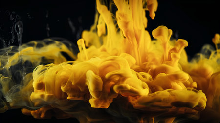 yellow ink in water on a black background close-up macro photographyの素材