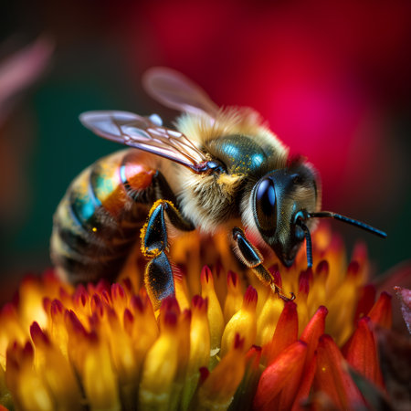 Macro of a bee pollinating a flower. Shallow depth of field.の素材
