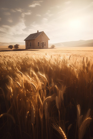 Wheat field and old house at sunset. Toned image.の素材