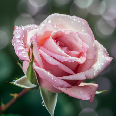 Beautiful pink rose with dew drops on the petals.の素材