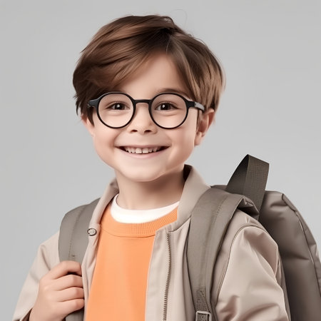 Portrait of a cute little schoolboy with a backpack on grey backgroundの素材