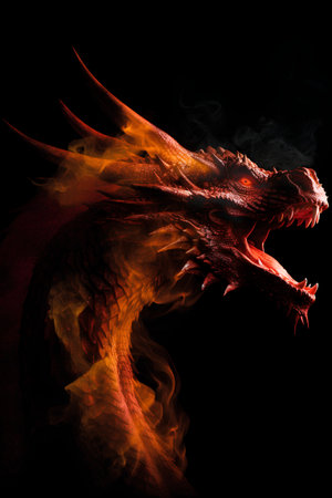 dragon head with flames and smoke isolated on black background. 3d illustrationの素材