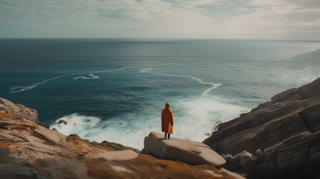 Woman standing on the edge of cliff and looking at the sea.の素材