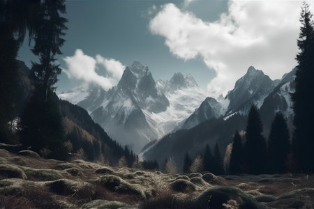 Fantastic winter landscape with snow-capped mountains in the backgroundの素材