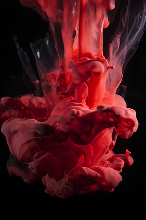 Red ink in water on a black background. Abstract color background.の素材