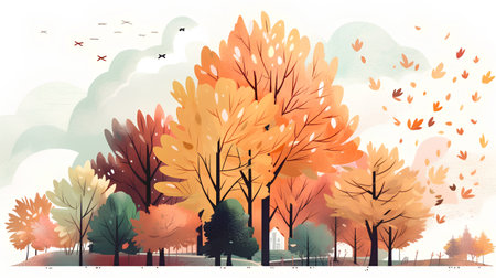 Autumn landscape with colorful trees and flying birds. Watercolor illustration.の素材