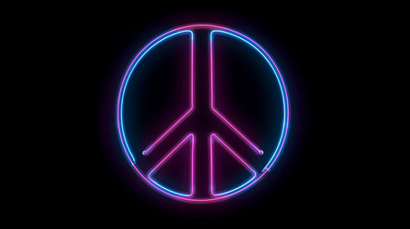 Neon sign of peace in the form of a circle on a black backgroundの素材