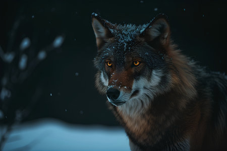 Close-up portrait of a wolf in the snowy forest at night.の素材