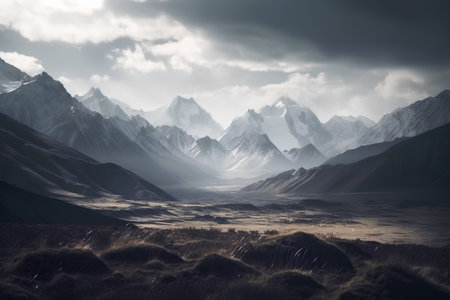Mountain landscape with snow covered peaks in the clouds, 3d renderの素材