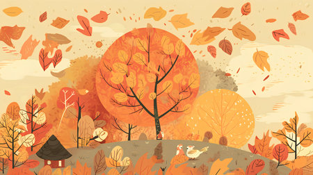 Autumn landscape with trees, bushes and chicken. Vector illustration.の素材