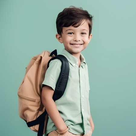 Portrait of a smiling little boy with a backpack over blue backgroundの素材