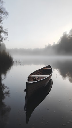Foggy morning on a lake with a wooden rowing boatの素材