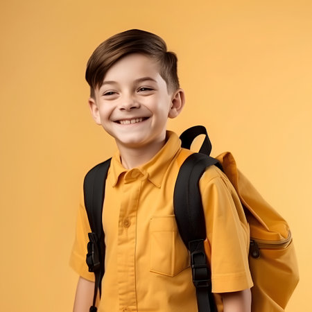 Portrait of a smiling schoolboy with a backpack on a yellow backgroundの素材