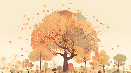 Autumn background with trees and falling leaves. Vector Illustration.の素材