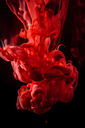 Red ink in water isolated on black background. Abstract background. 3d renderingの素材