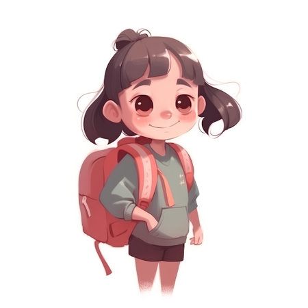 Cute little girl with backpack. Vector illustration isolated on white background.の素材