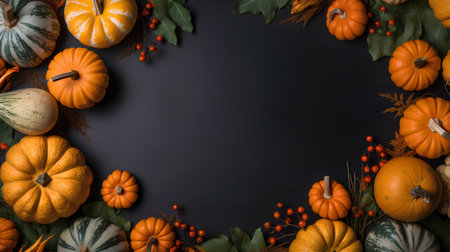 Autumn background with pumpkins, berries and leaves on blackboardの素材