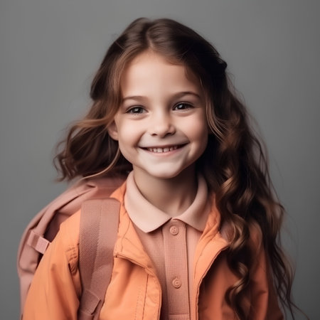 Portrait of a cute smiling little girl with backpack over grey backgroundの素材