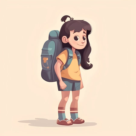 Cute little girl with backpack. Vector illustration in cartoon style.の素材