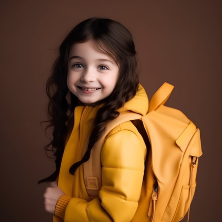 Little girl with yellow backpack on a brown background. Studio shot.の素材