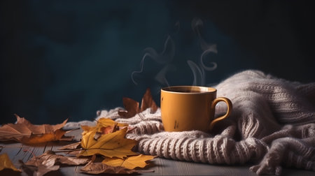 Cup of hot tea, scarf and autumn leaves on wooden tableの素材