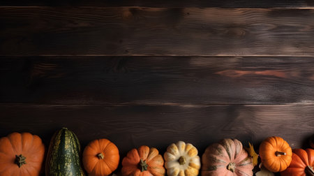 Autumn background with pumpkins and space for text on wooden boardの素材