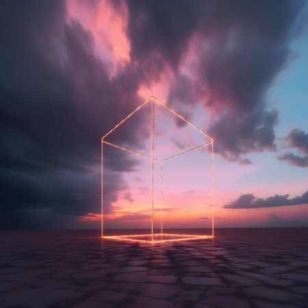 3d render of house on the stone floor with beautiful sky backgroundの素材