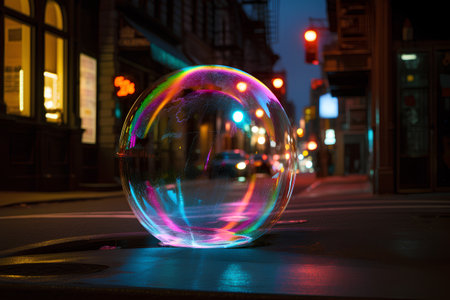 Colorful soap bubble on the street at night. Abstract background.の素材