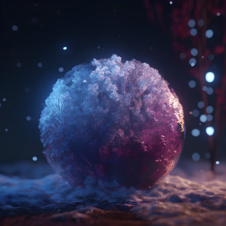 Winter landscape with snow covered trees and christmas ball. 3d renderの素材