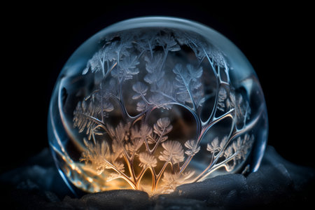 Crystal ball with frozen leaves on black background. 3D illustration.の素材