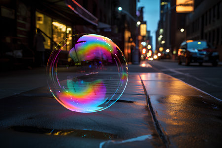 Colorful soap bubble on a city street at night. Abstract backgroundの素材
