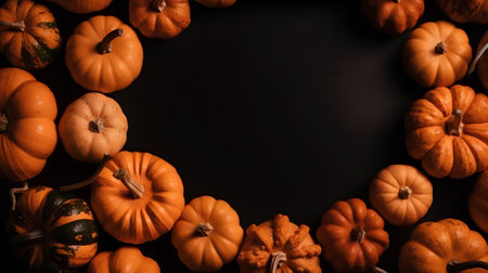 Autumn pumpkins on black background with copy space for your textの素材