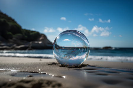 crystal ball on sand beach with blue sky and sea in backgroundの素材