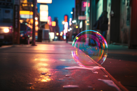 Soap bubble on the street in New York City at night.の素材
