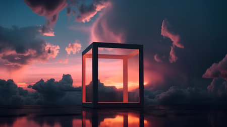 3d rendering of a glass cube with a view of the sunsetの素材