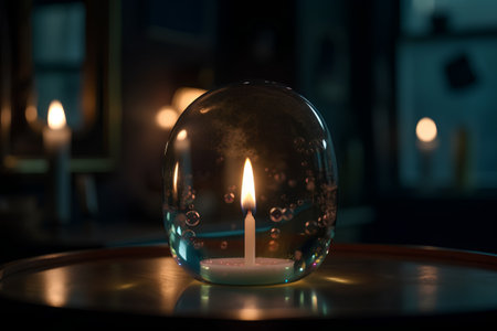 Candle in a glass vase on a table in a dark roomの素材