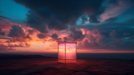 3d render of glass cube on the background of the sunset skyの素材