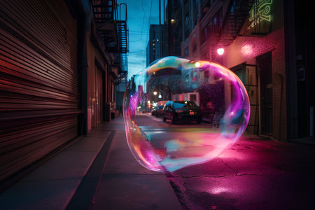 Colorful soap bubbles on the street in New York City at nightの素材