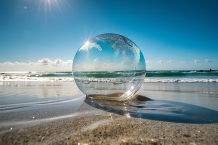 crystal ball on the beach and blue sky, beautiful photo digital pictureの素材