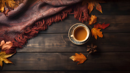 Cup of tea, scarf and autumn leaves on dark wooden backgroundの素材