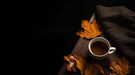 Autumn still life with cup of coffee, scarf and leaves on wooden backgroundの素材