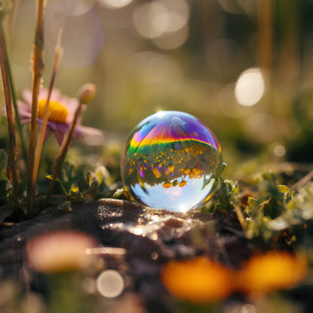 Beautiful crystal ball with a rainbow on the background of grass and flowersの素材