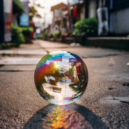 Glass ball with reflection of the city in the middle of the roadの素材