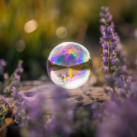 A crystal ball with a picture of a rainbow in the middle of a field of lavender.の素材