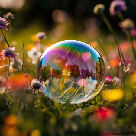 Soap bubbles in the meadow with colorful flowers. Shallow depth of fieldの素材