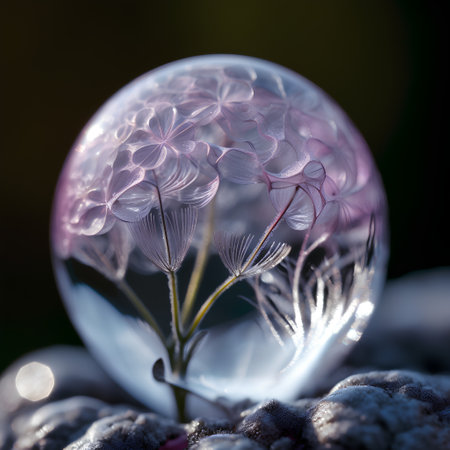 Crystal ball with dandelion flower on the rock in the gardenの素材