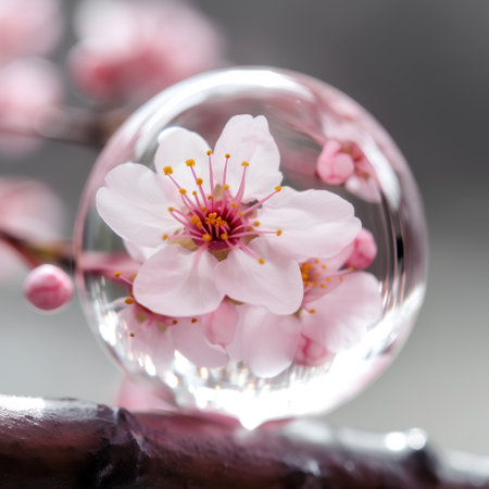 peach blossom in crystal ball, macro shot, shallow DOFの素材