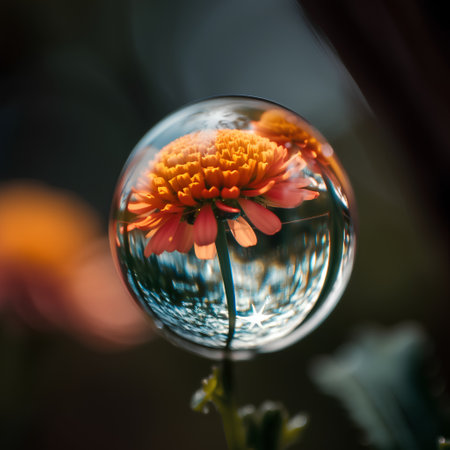 Reflection of a flower in a crystal ball on a blurred backgroundの素材