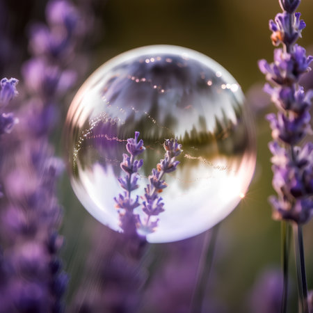 Glowing crystal ball and lavender flowers, shallow depth of fieldの素材