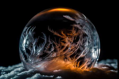 Crystal ball with feather on snow at night. Christmas and New Year concept.の素材